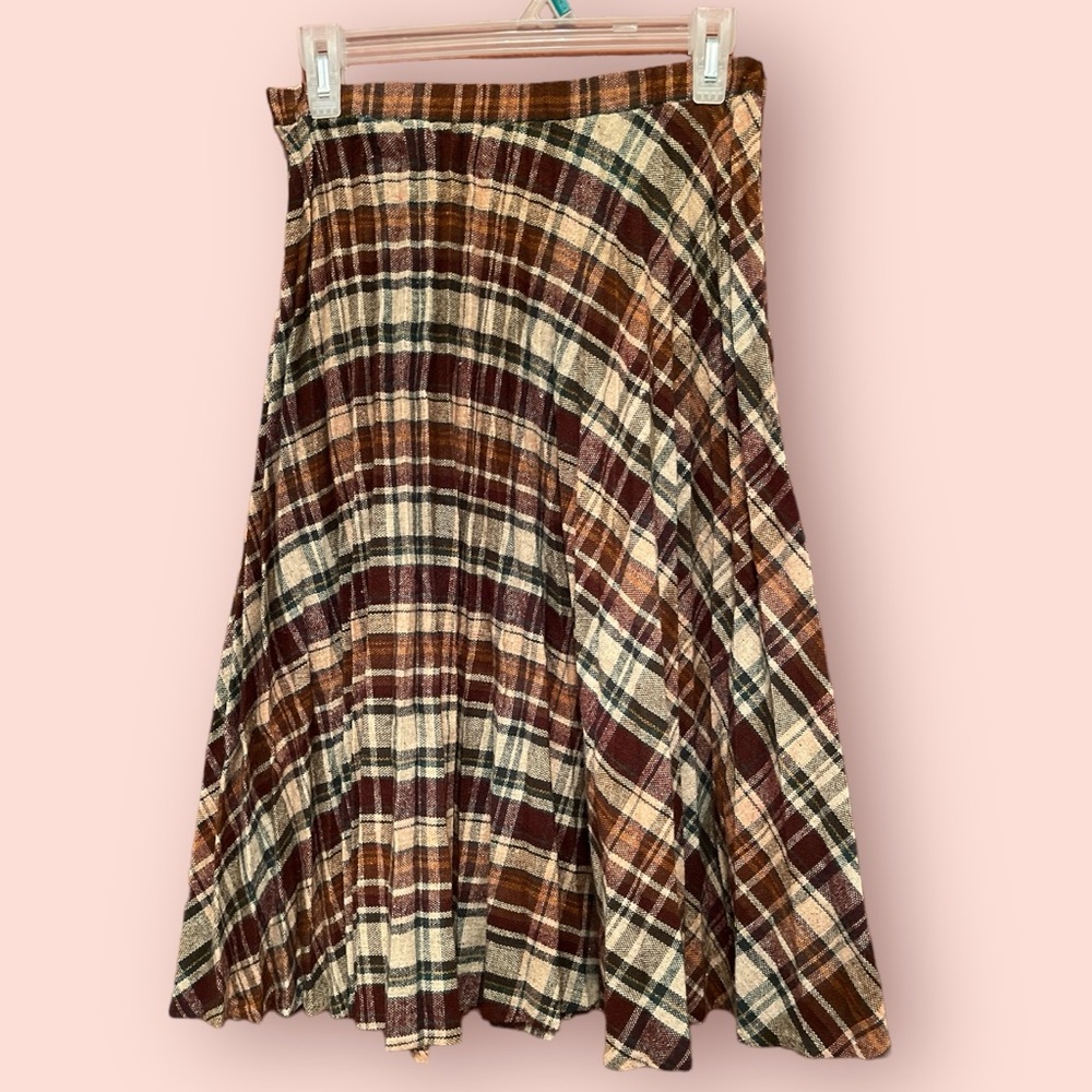 1960s / 1970s Vintage Brown Plaid Pleated Skirt